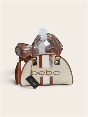 bebe Striped Satchel in White and Brown